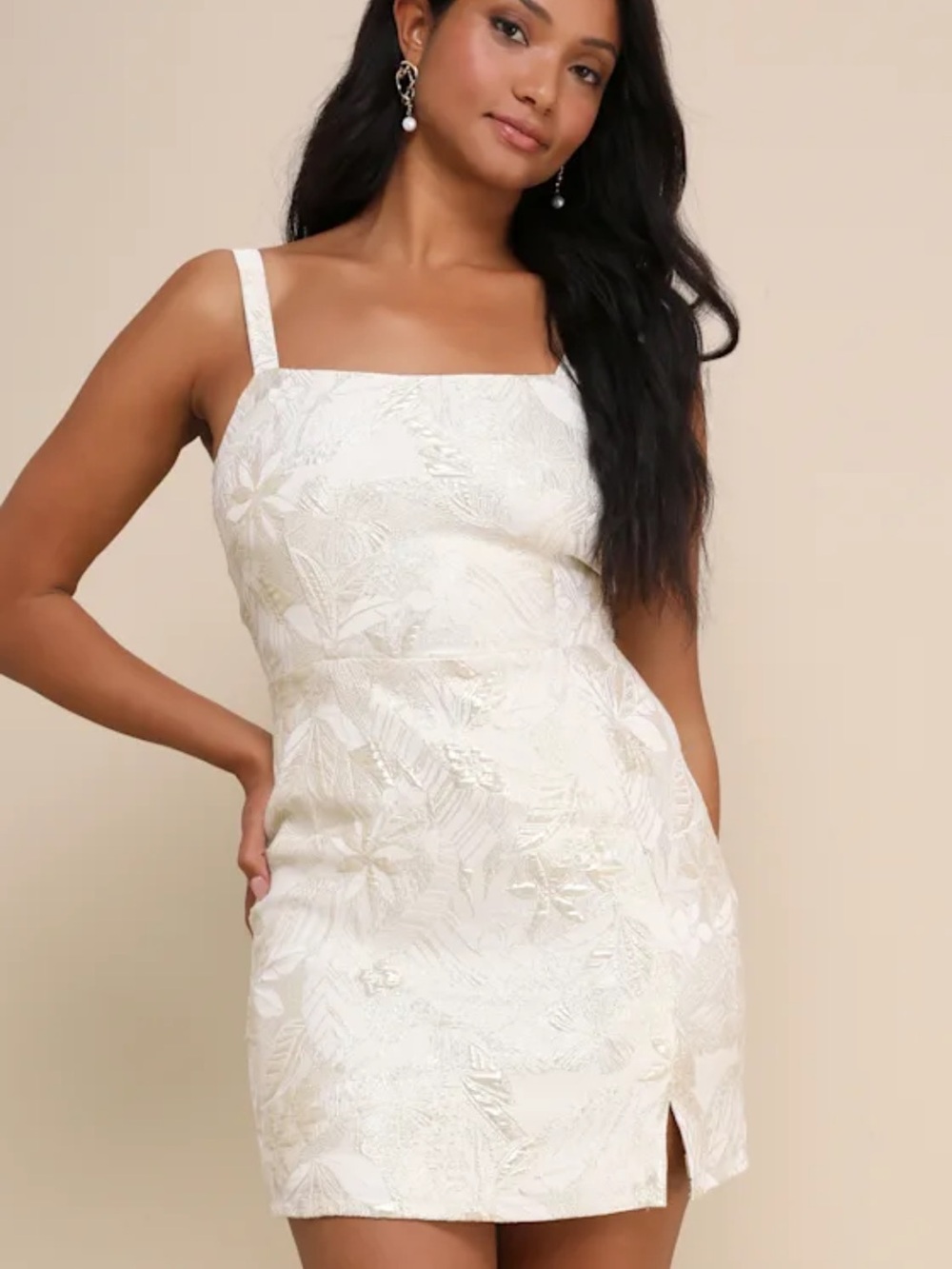 Lulus Shine for Us Cream Metallic Tropical Jacquard Mini Dress